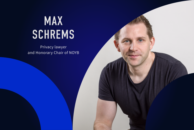 Portrait of Max Schrems in white background with blue semicircle on the left side and his affiliation